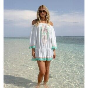Miss June Azra One Size White Boho Dress Neon Embroidered  Fringe Sequins OSFM